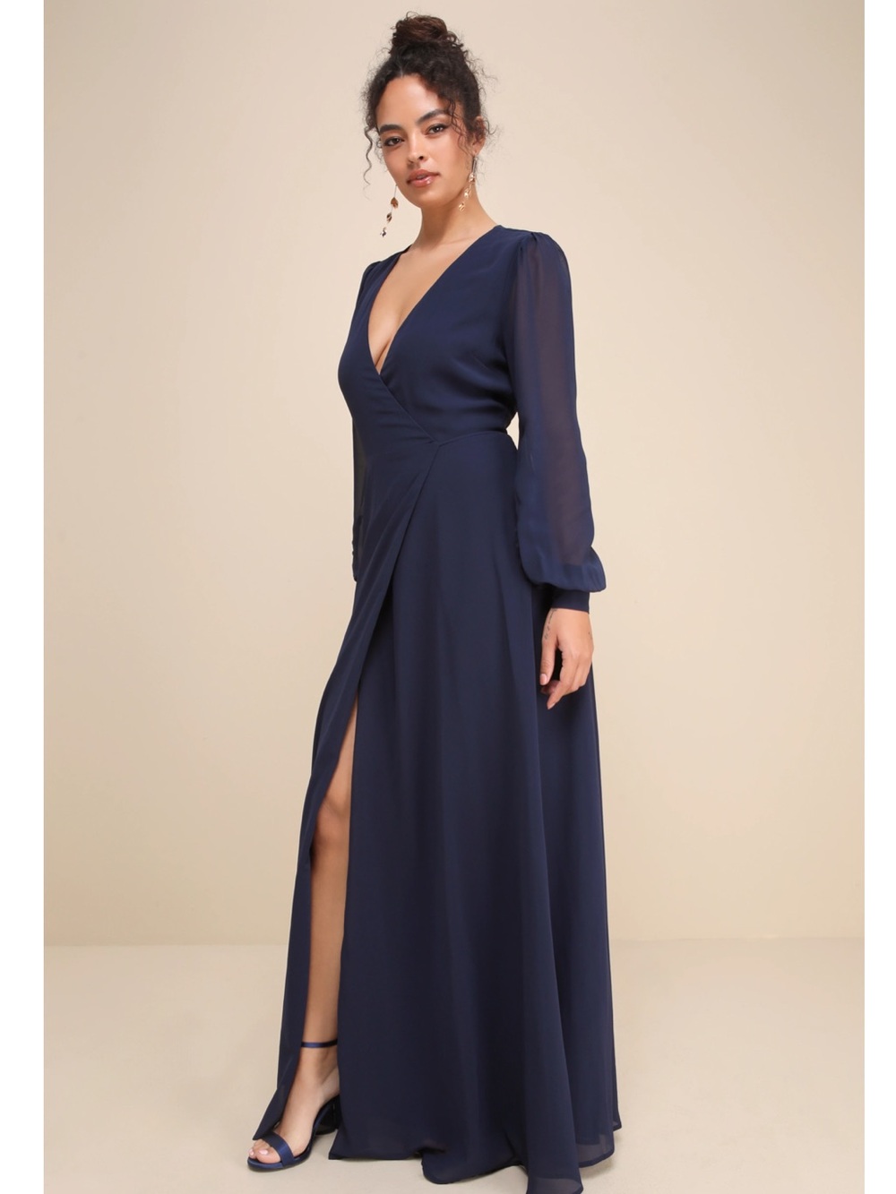 Lulus My Whole Heart Dark Navy Blue Sheer Long Sleeve Wrap Chiffon Maxi Dress